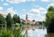Svet, Trebon, Czech Republic , view summer old town pond water sunny day europe, blue sky tourism.