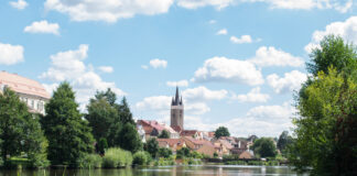 Svet, Trebon, Czech Republic , view summer old town pond water sunny day europe, blue sky tourism.